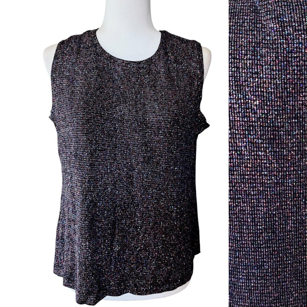 Vintage Sleeveless Stretchy Sparkle Glitter Black and Silver Shell Top